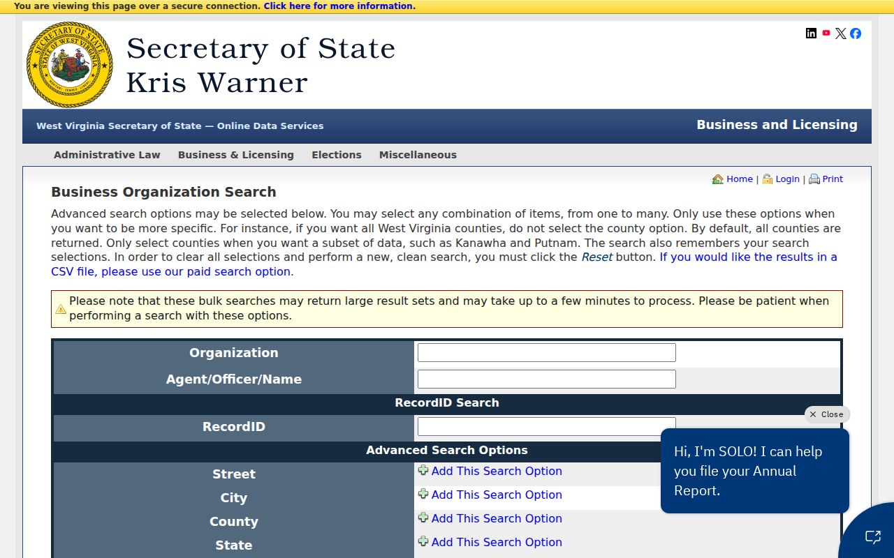 West Virginia Secretary of State advanced business search fields for company records related to a Roane County deed