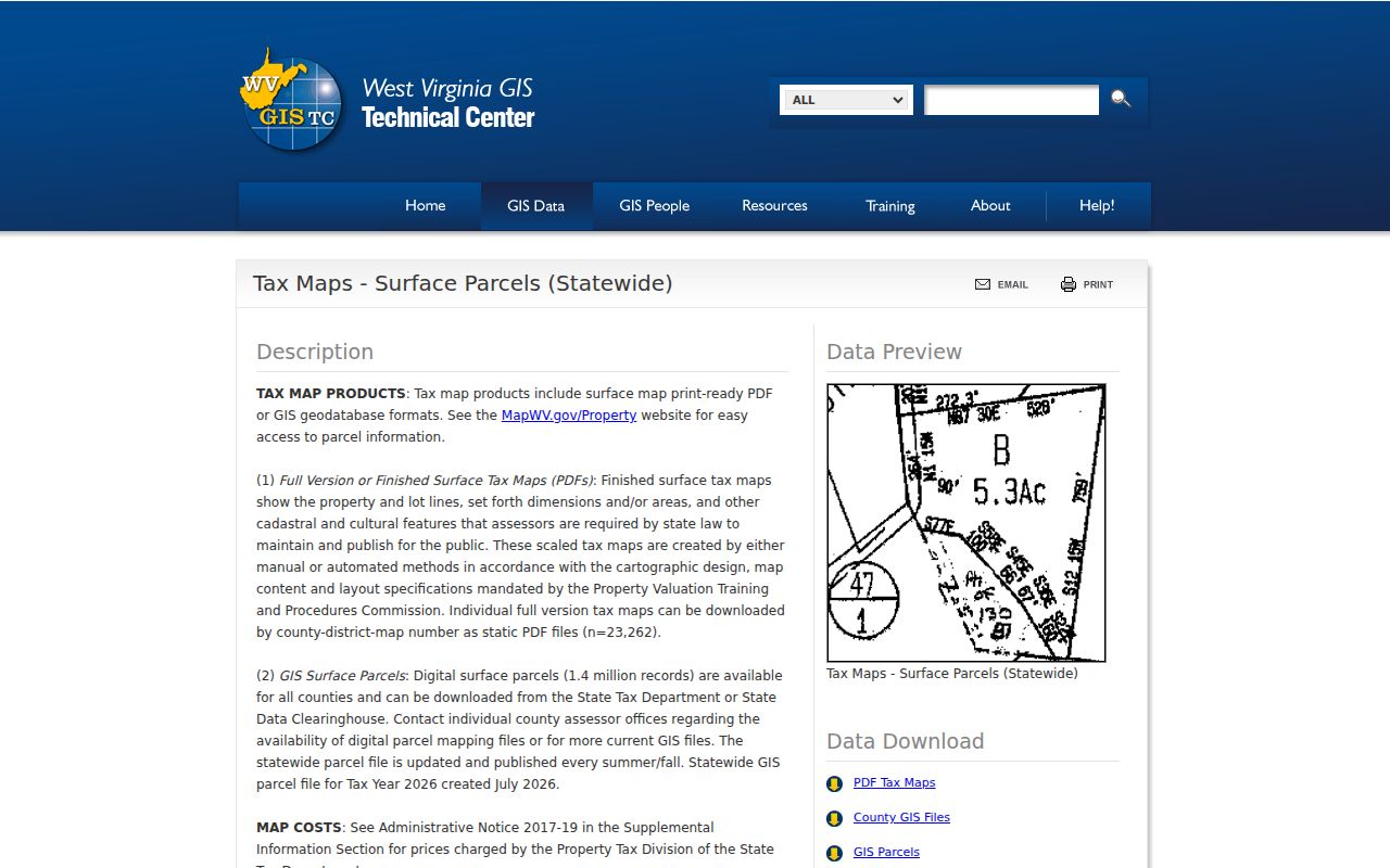 West Virginia GIS Clearinghouse page for no-charge Roane County tax-map downloads