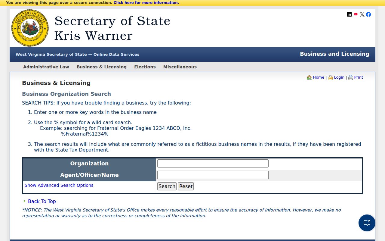 West Virginia Secretary of State company filing search for a Roane County deed owner