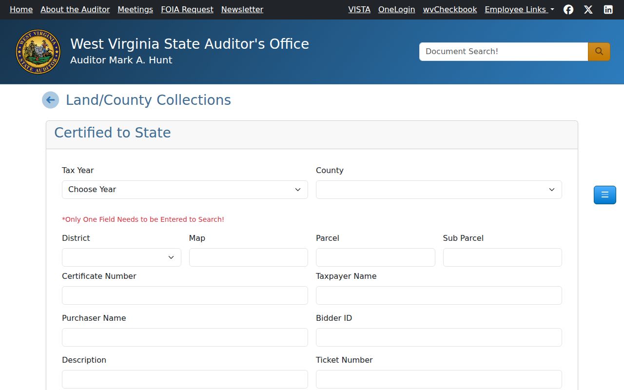 West Virginia State Auditor county collections and delinquent land entry point for Roane County