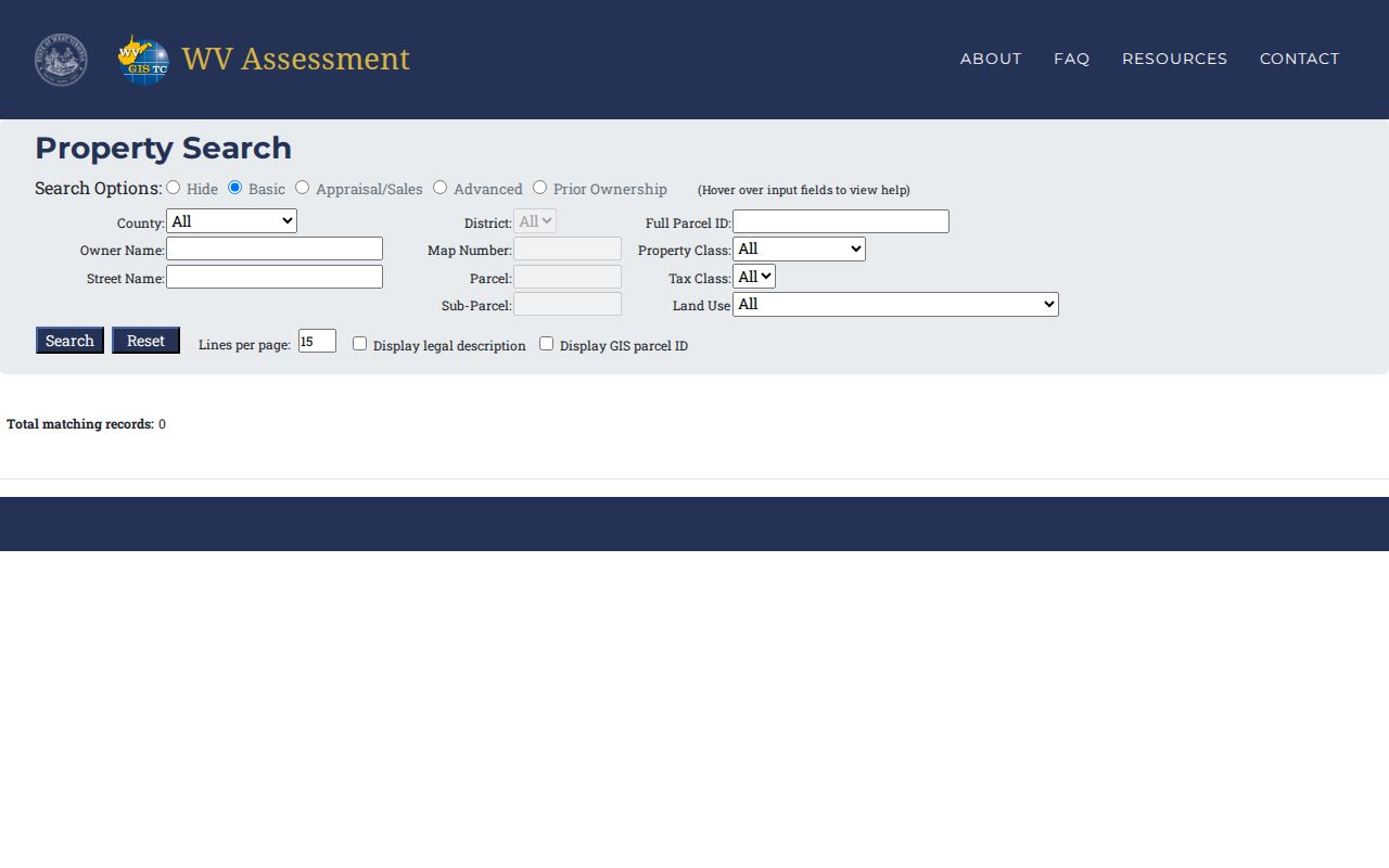 Roane County property search fields in the West Virginia assessment portal